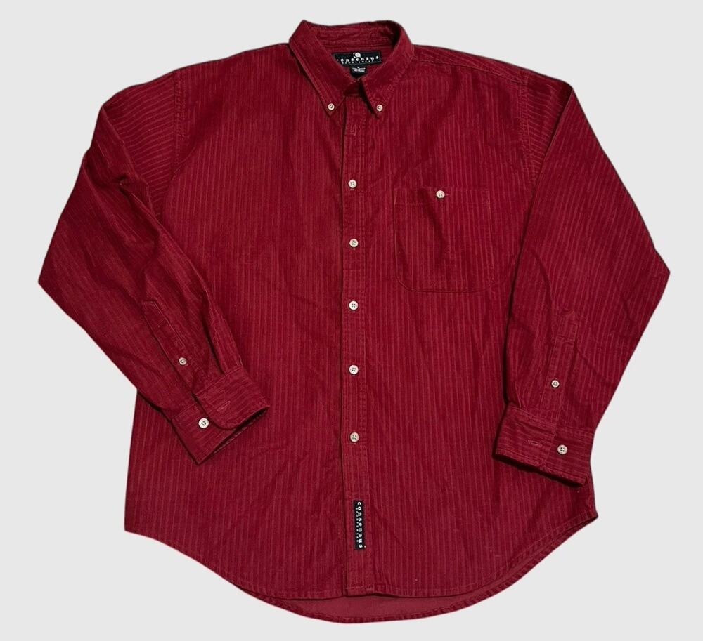 Vtg Consensus Mens M Classic Brick Red Corduroy Velour Button Down Cotton Shirt